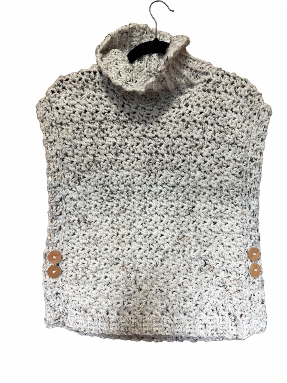 Cozy Speckled White Turtleneck Knit Sweater Cape with Button Details